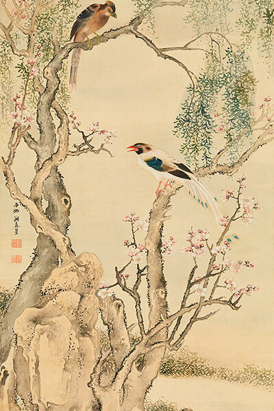 Birds on flowered branches