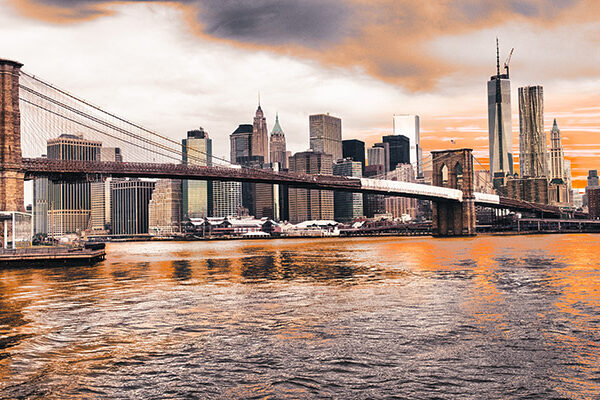 Brooklyn Bridge and Lower Manhattan at sunset