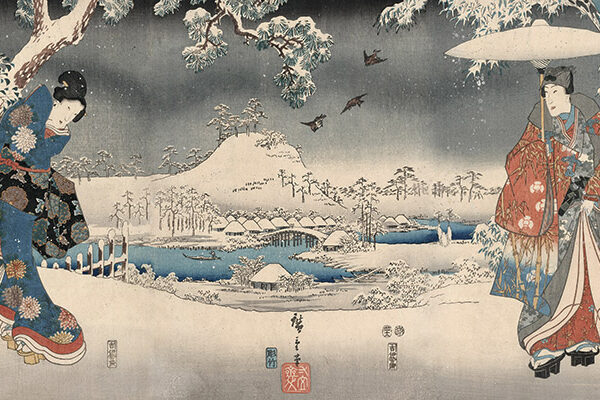 Snowy landscape with a woman and a man