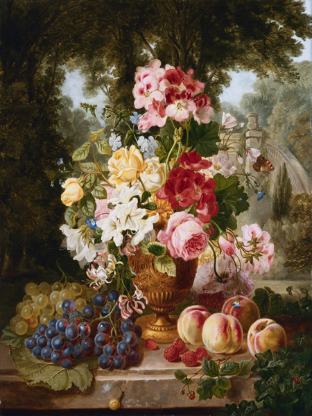 A Vase of Summer Flowers and Fruit