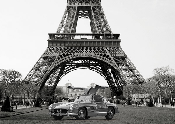 Roadster under the Eiffel Tower (BW)