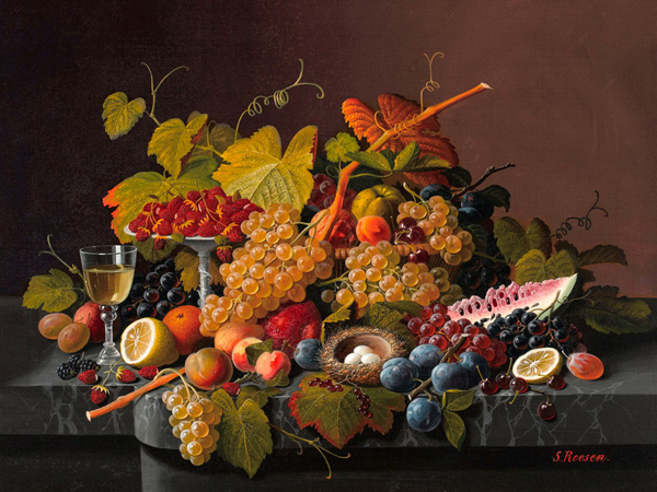 Still life with fruit and bird's nest