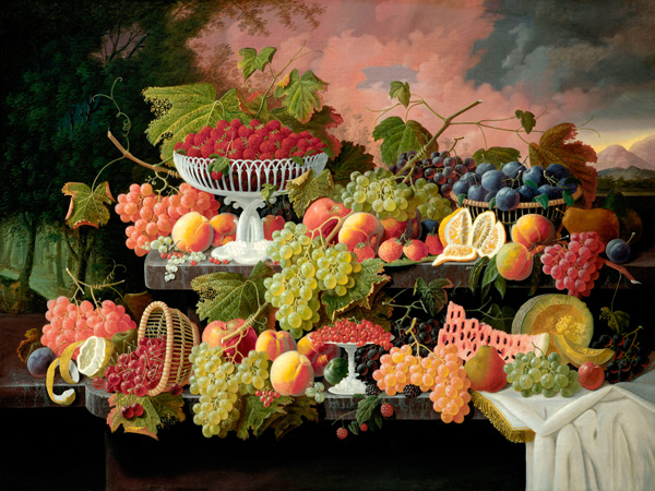 Two-Tiered Still Life with Fruit and Sunset Landscape