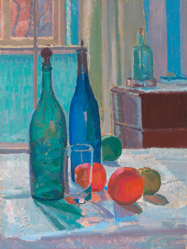 Blue and Green Bottles and Oranges