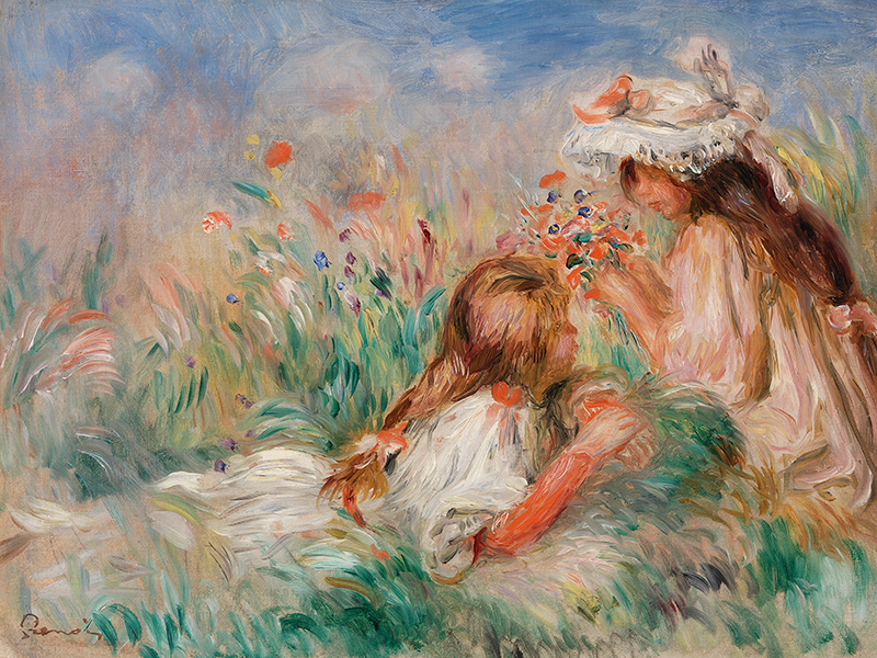 Girls in the Grass Arranging a Bouquet