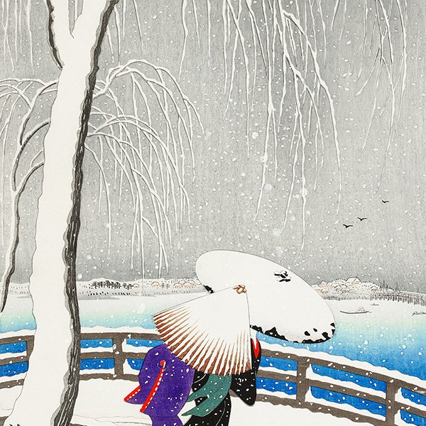 Two women in the snow on Yanagi Bridge