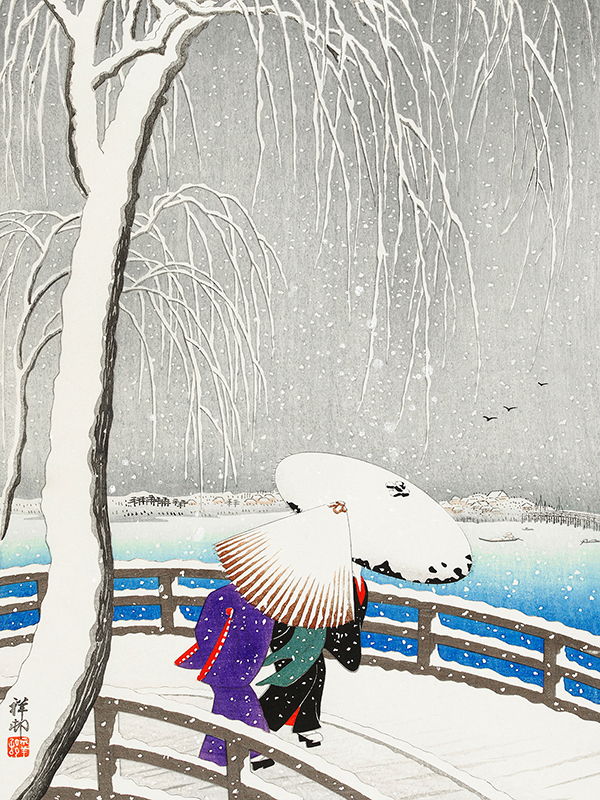 Two women in the snow on Yanagi Bridge